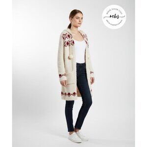 Tularosa Pom Pom Fuzzy Hooded Open Long Cardigan White Red‎ Women Size M